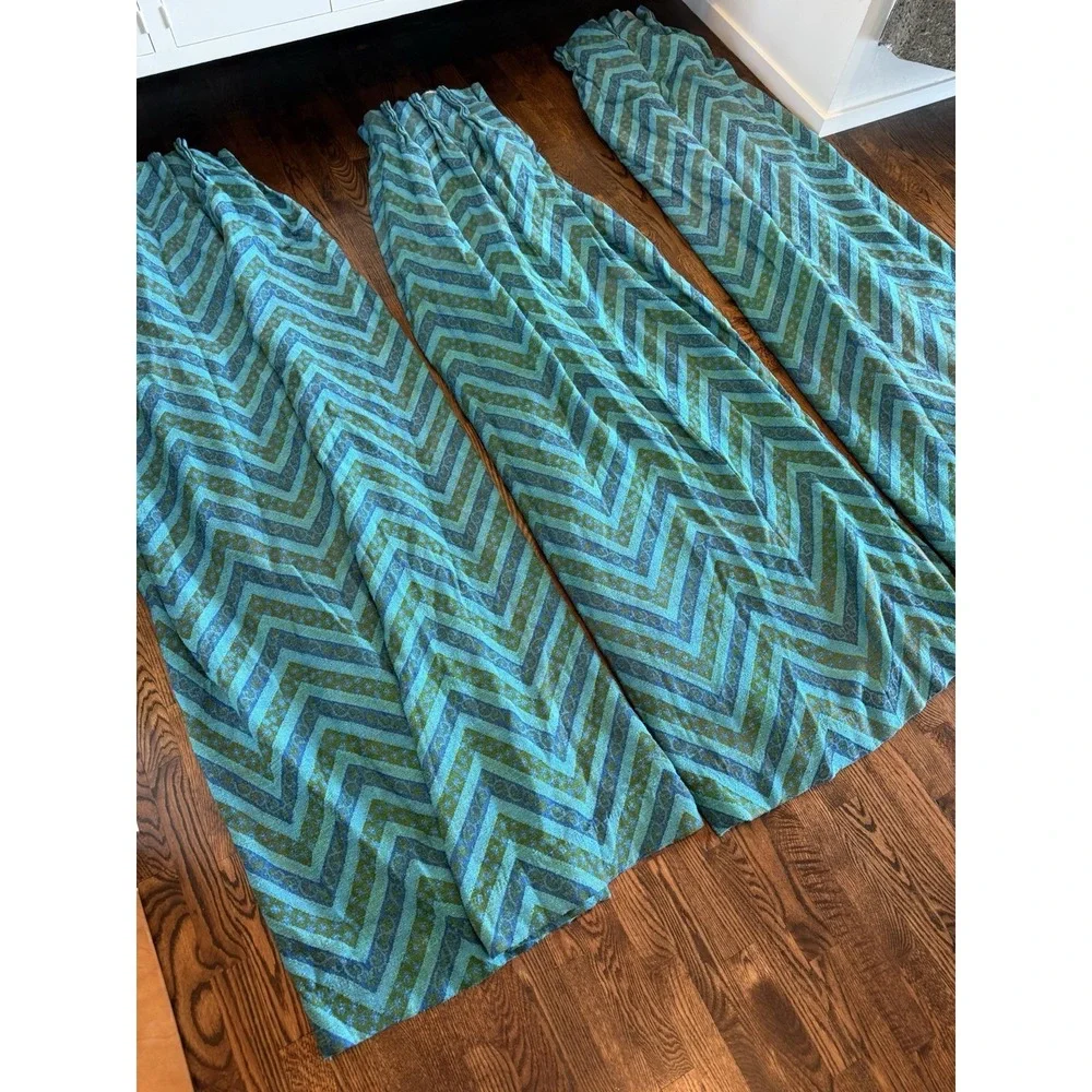 MCM European Linen Pinch Pleat Drapery Panel. 1 of 3. Turquoise/Olive Green